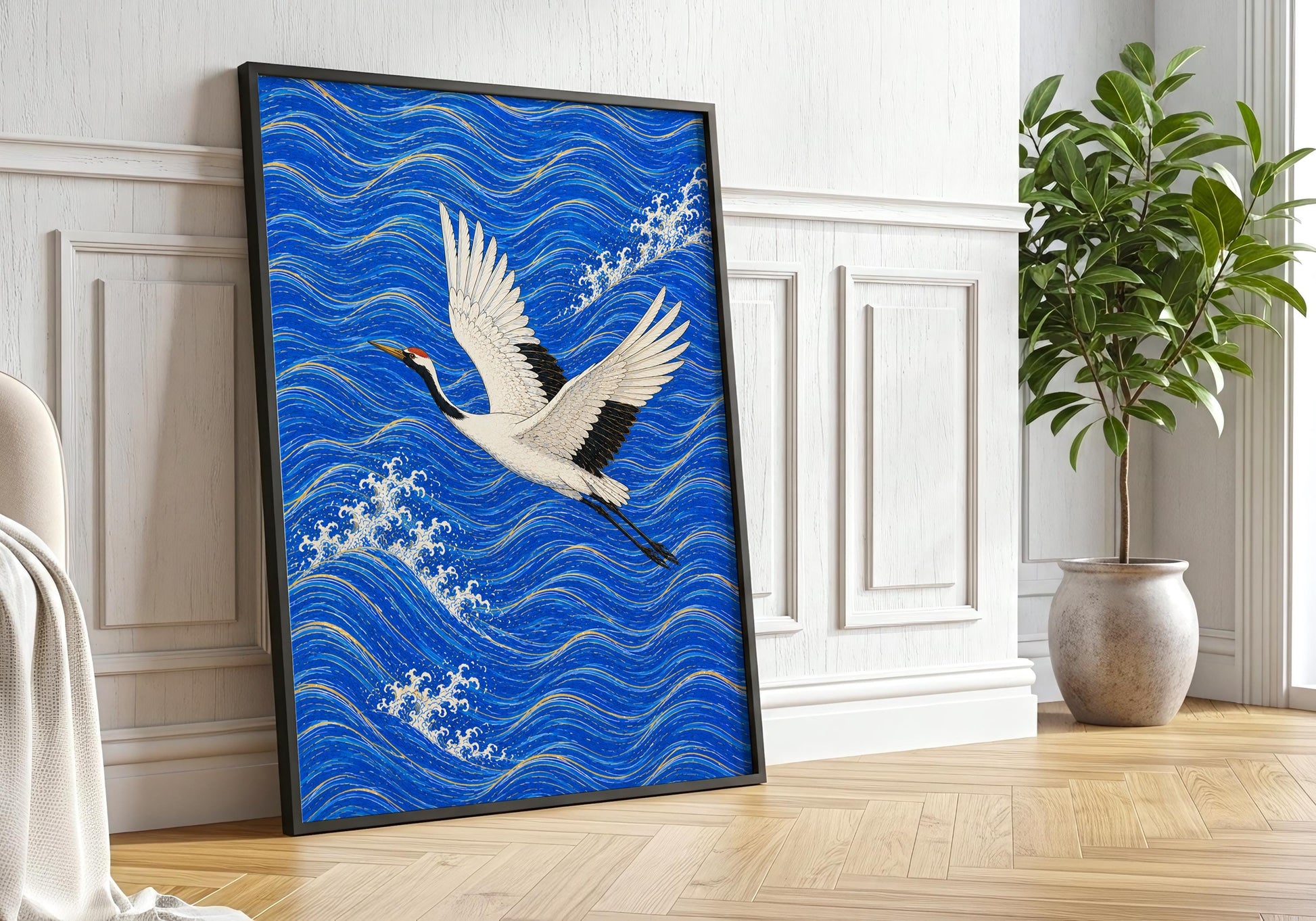 Blue wave artwork featuring elegant white crane in flight