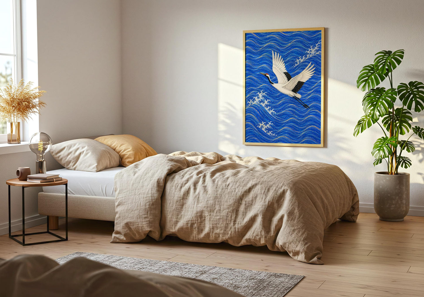 Japandi wall decor with crane bird and stylized waves