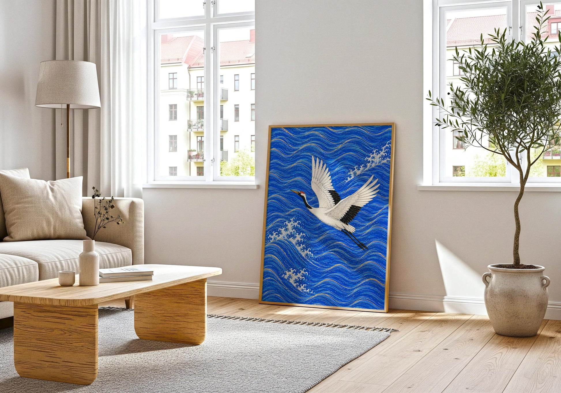 Asian inspired crane print symbolizing peace and longevity