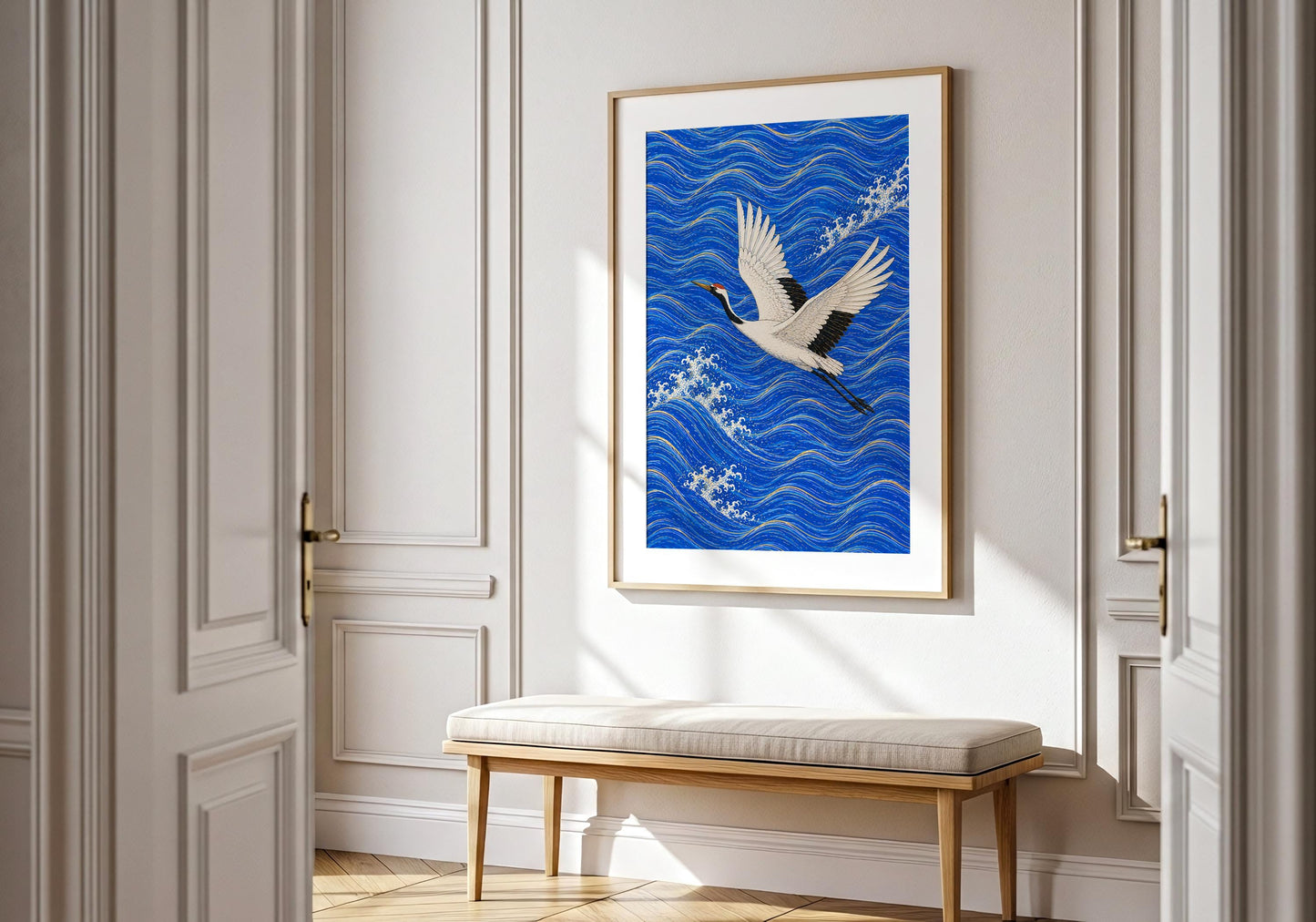 Japanese style bird wall art with dynamic wave patterns