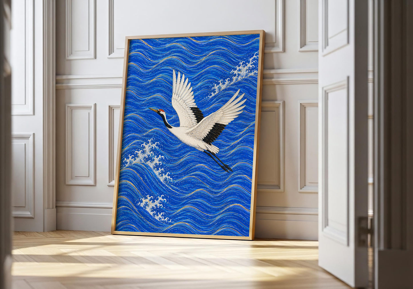 Japanese crane flying over vibrant blue ocean waves artwork
