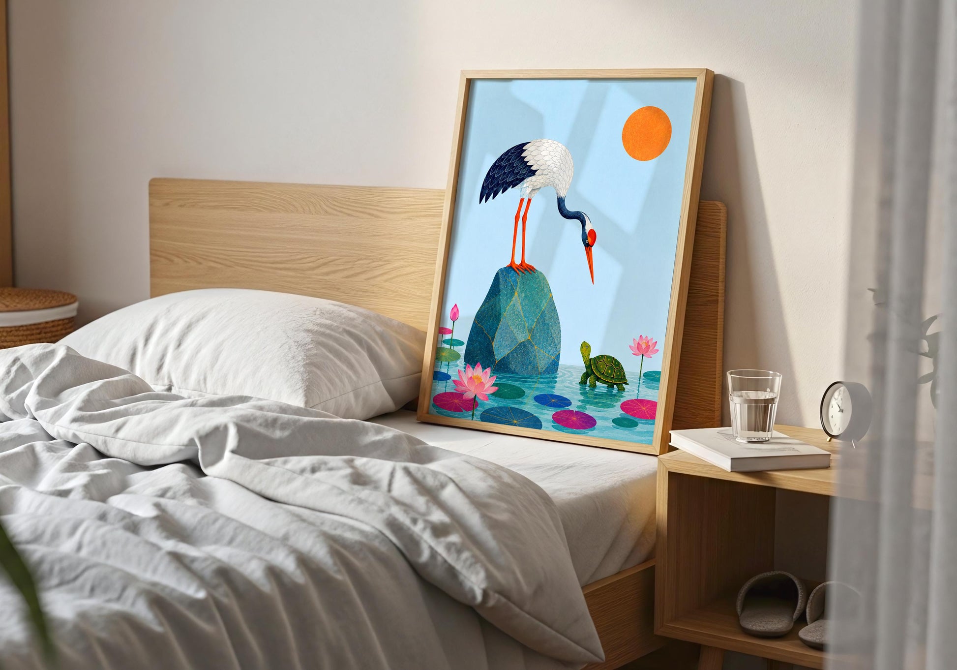 Zen wall art with turtle, lotus flowers, and orange sun