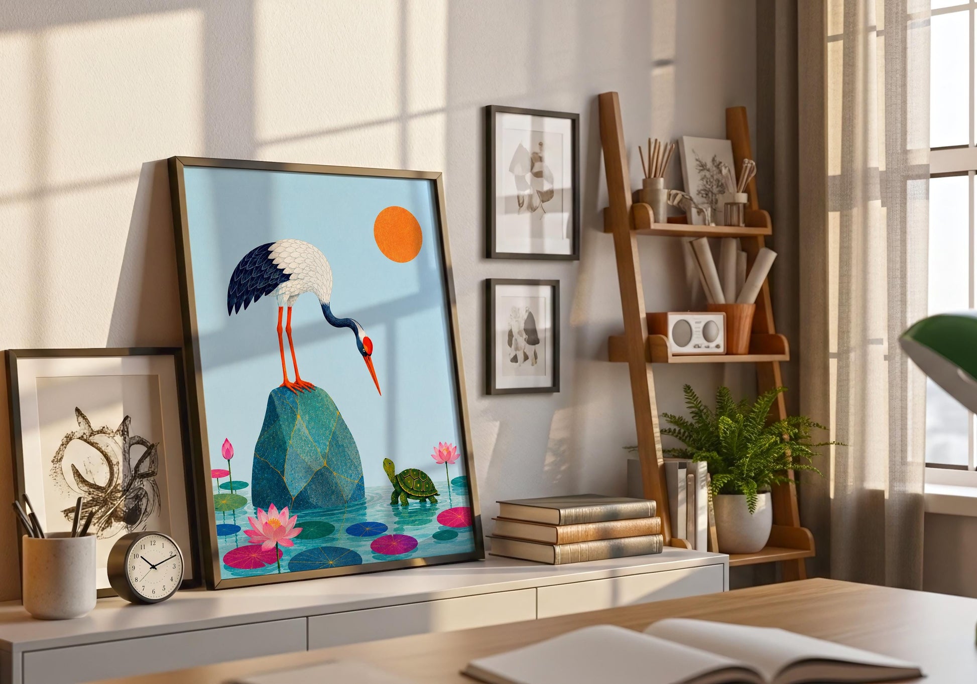Contemporary Japandi decor artwork with nature symbolism