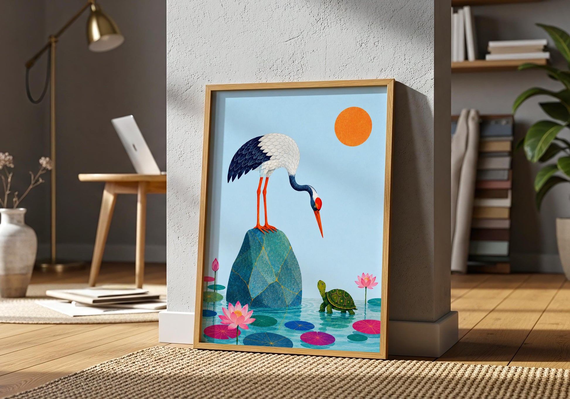 Asian inspired nature print with crane and peaceful pond scene