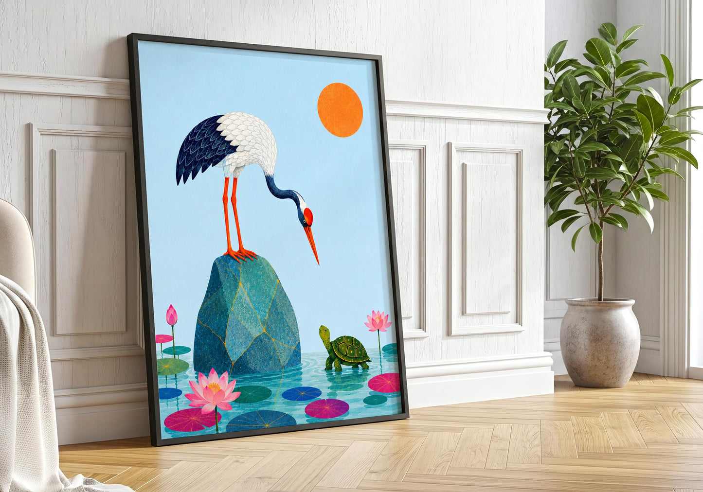 Japandi artwork featuring crane standing on rock above water