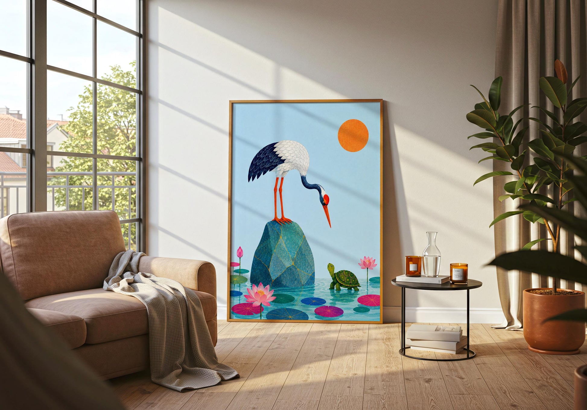 Lotus pond wall art with vibrant blue water and pink flowers