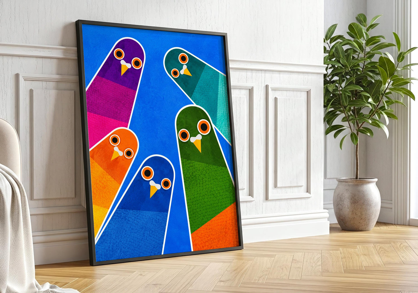Mid-century modern bird print with bold vibrant colours