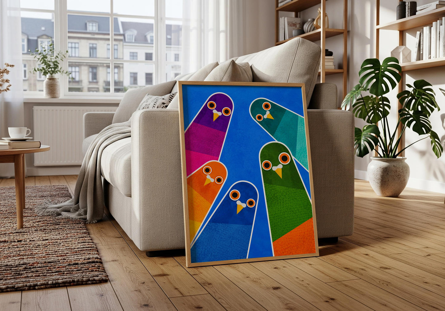Scandinavian wall art featuring colourful bird illustration