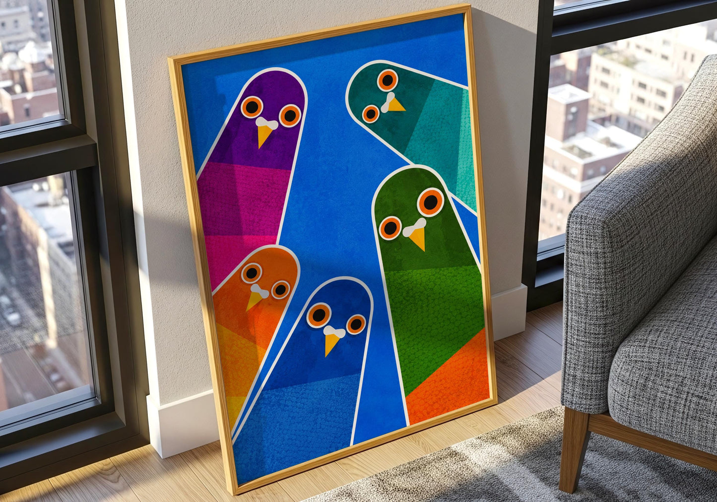 Quirky pigeon print with bright blue background