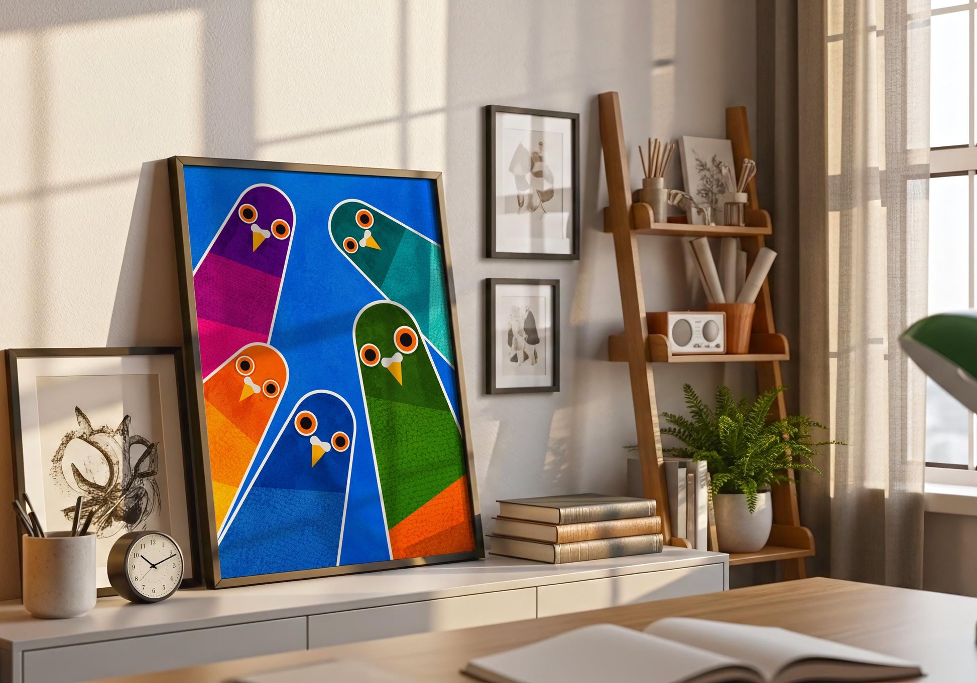 Geometric animal artwork inspired by mid-century design