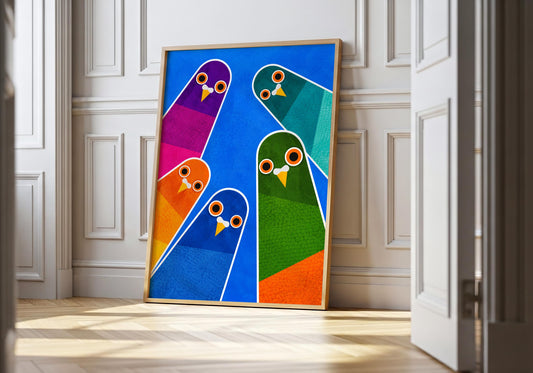 Colourful pigeon wall art featuring five geometric birds