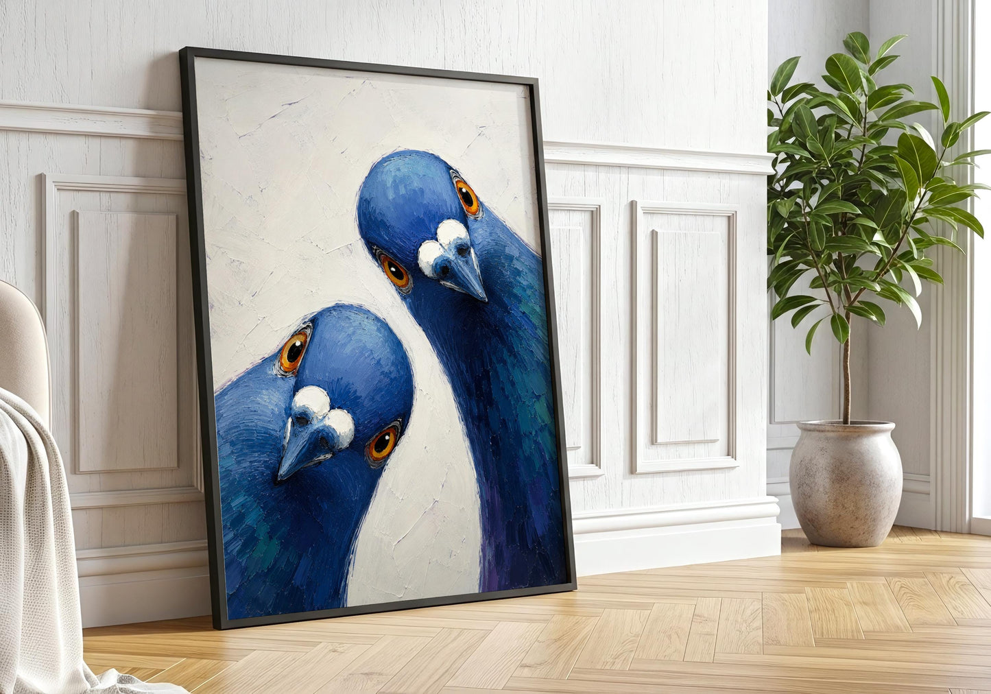 Contemporary bird painting with expressive pigeon faces