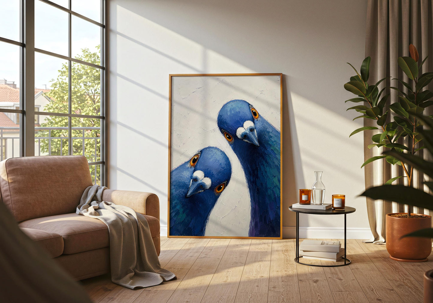 Whimsical pigeon wall art with rich blue feathers