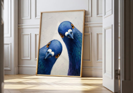 Blue pigeon portrait artwork featuring two curious birds
