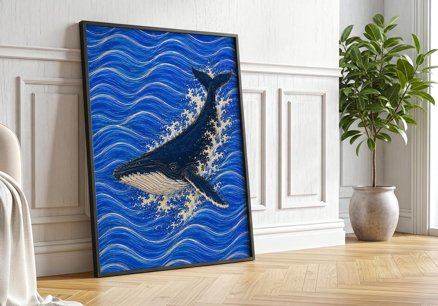 Japanese inspired whale artwork with stylized ocean pattern
