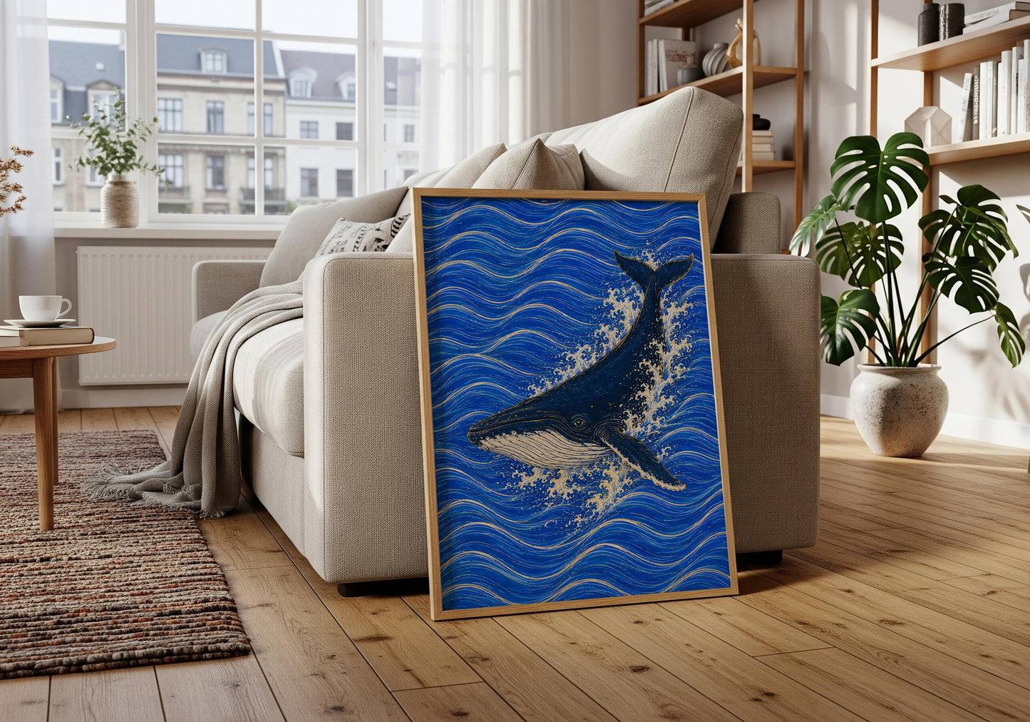 Contemporary whale artwork for beach house interiors