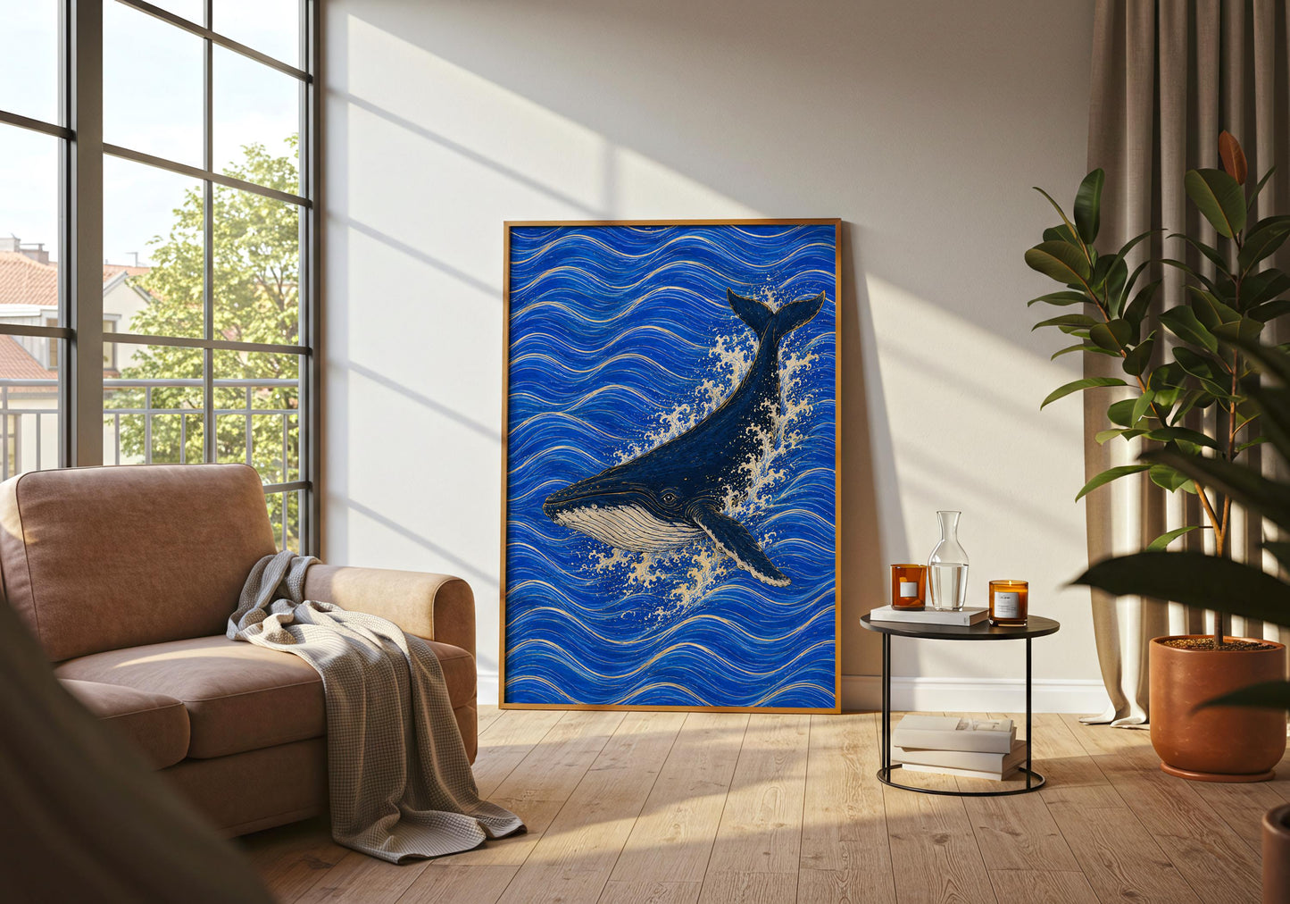 Blue wave print with detailed whale illustration