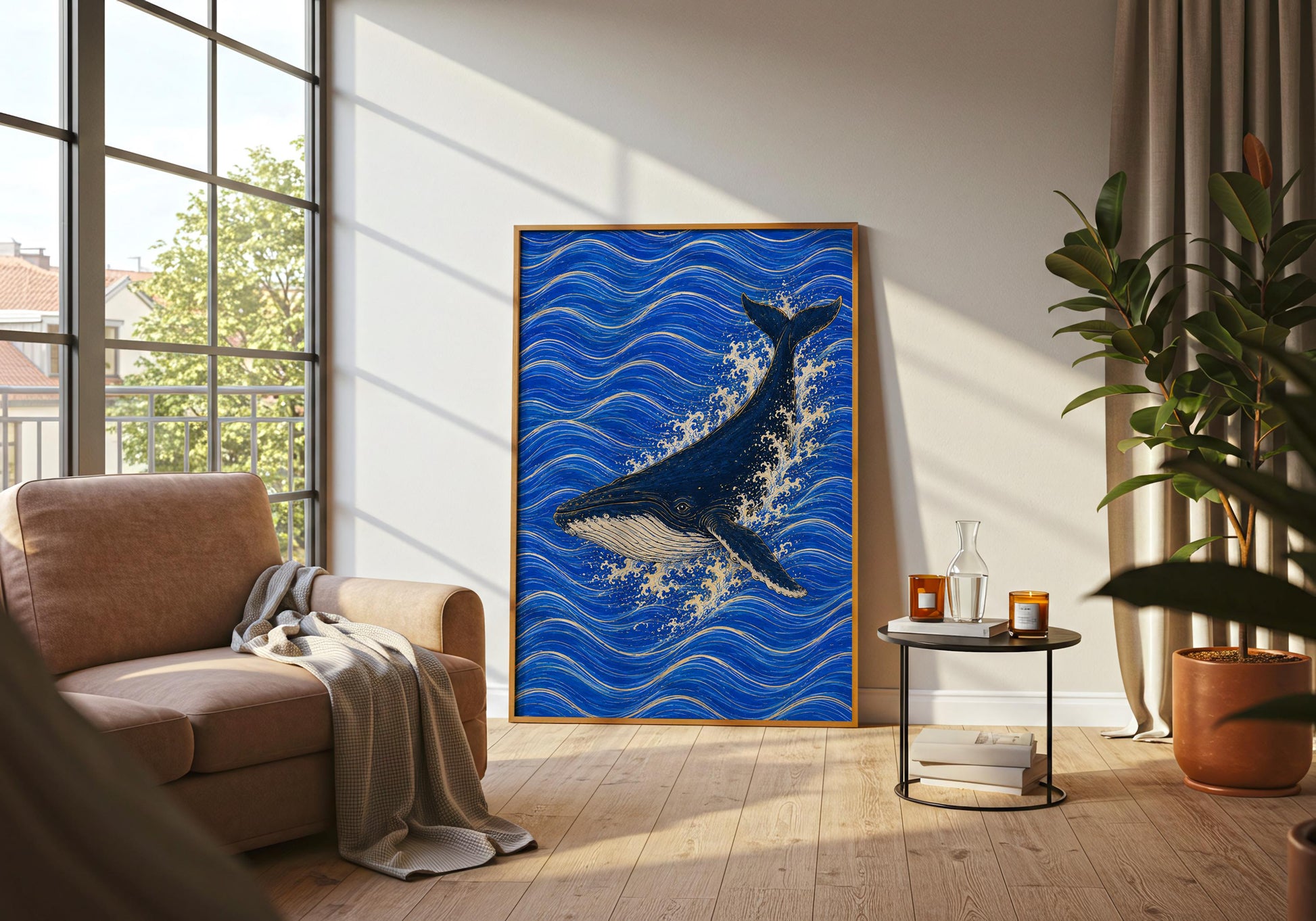 Blue wave print with detailed whale illustration