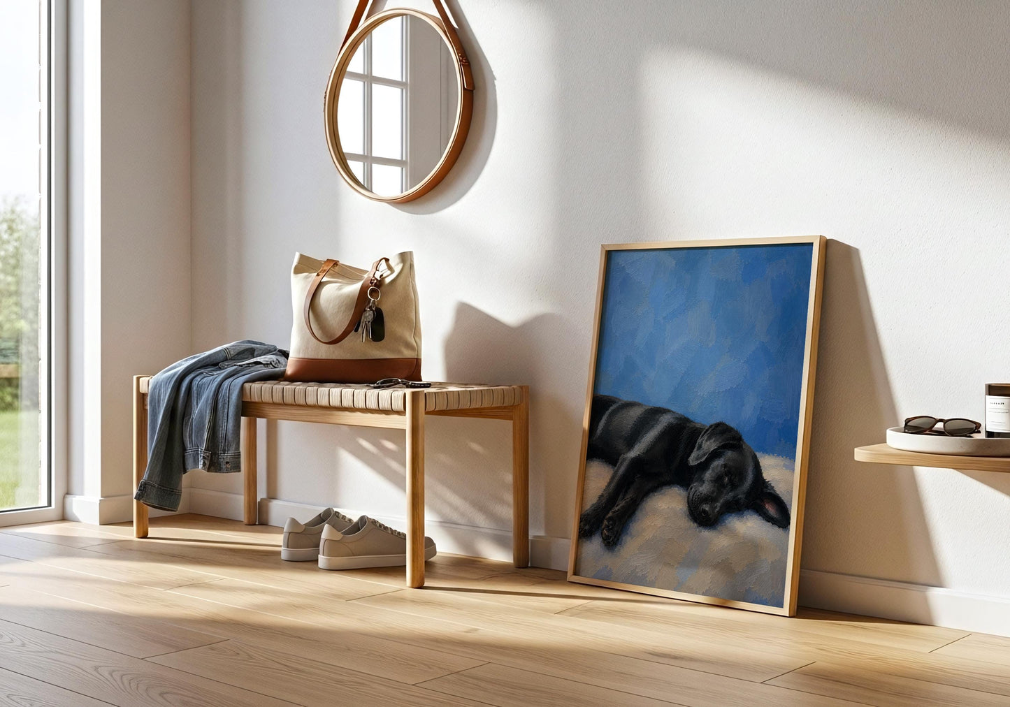 Dog painting showing black Labrador resting on cushion