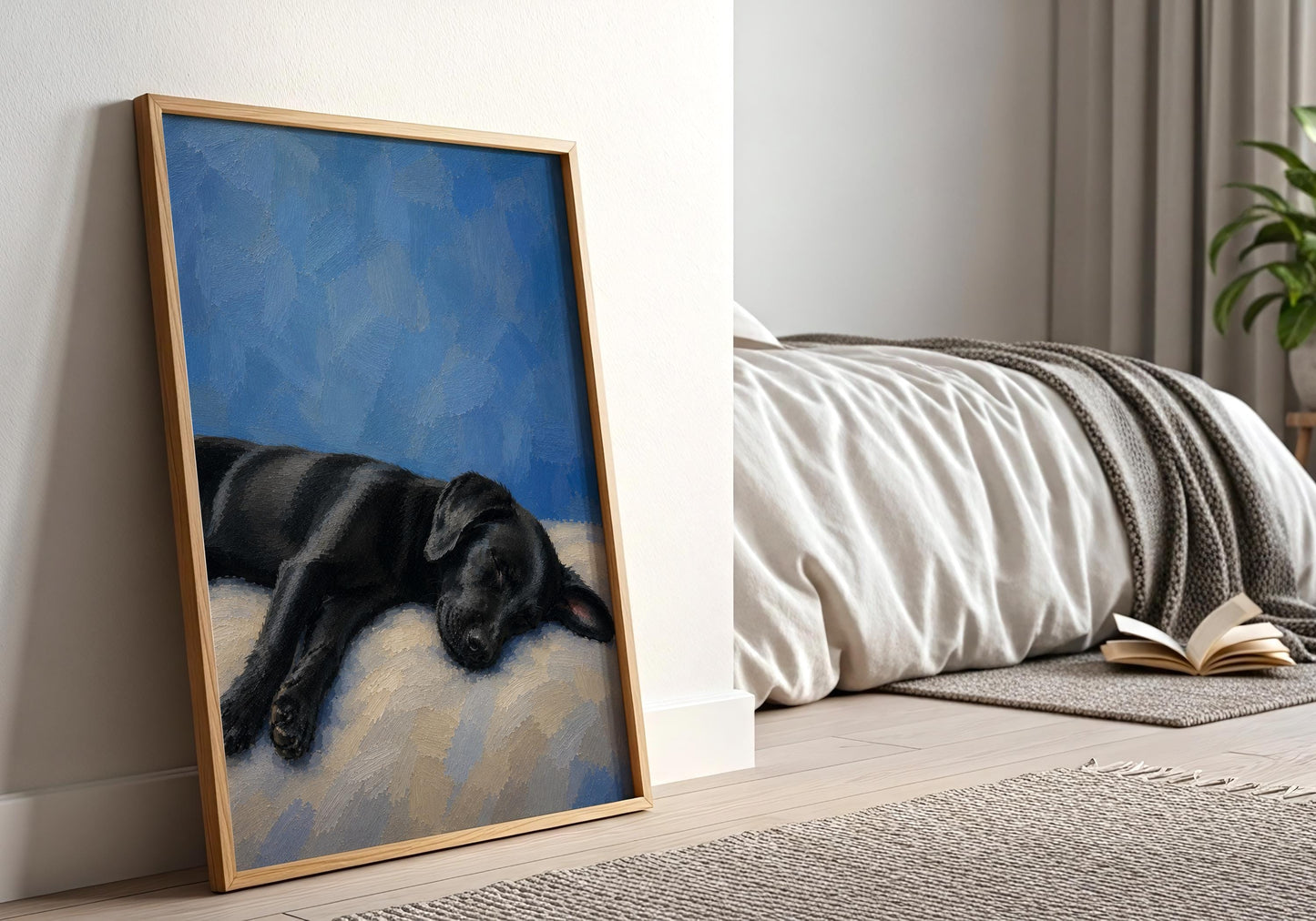 Pet memorial artwork featuring sleeping black dog