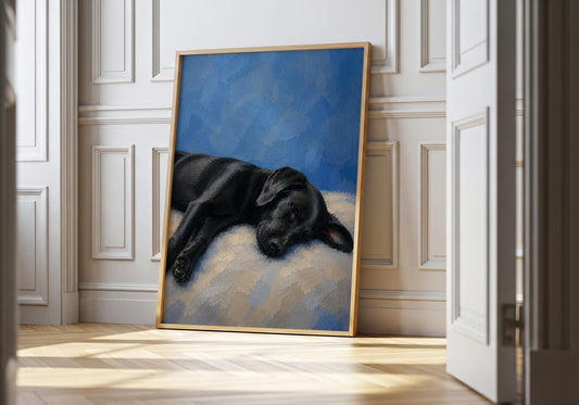 Sleeping black Labrador wall art with blue painted background
