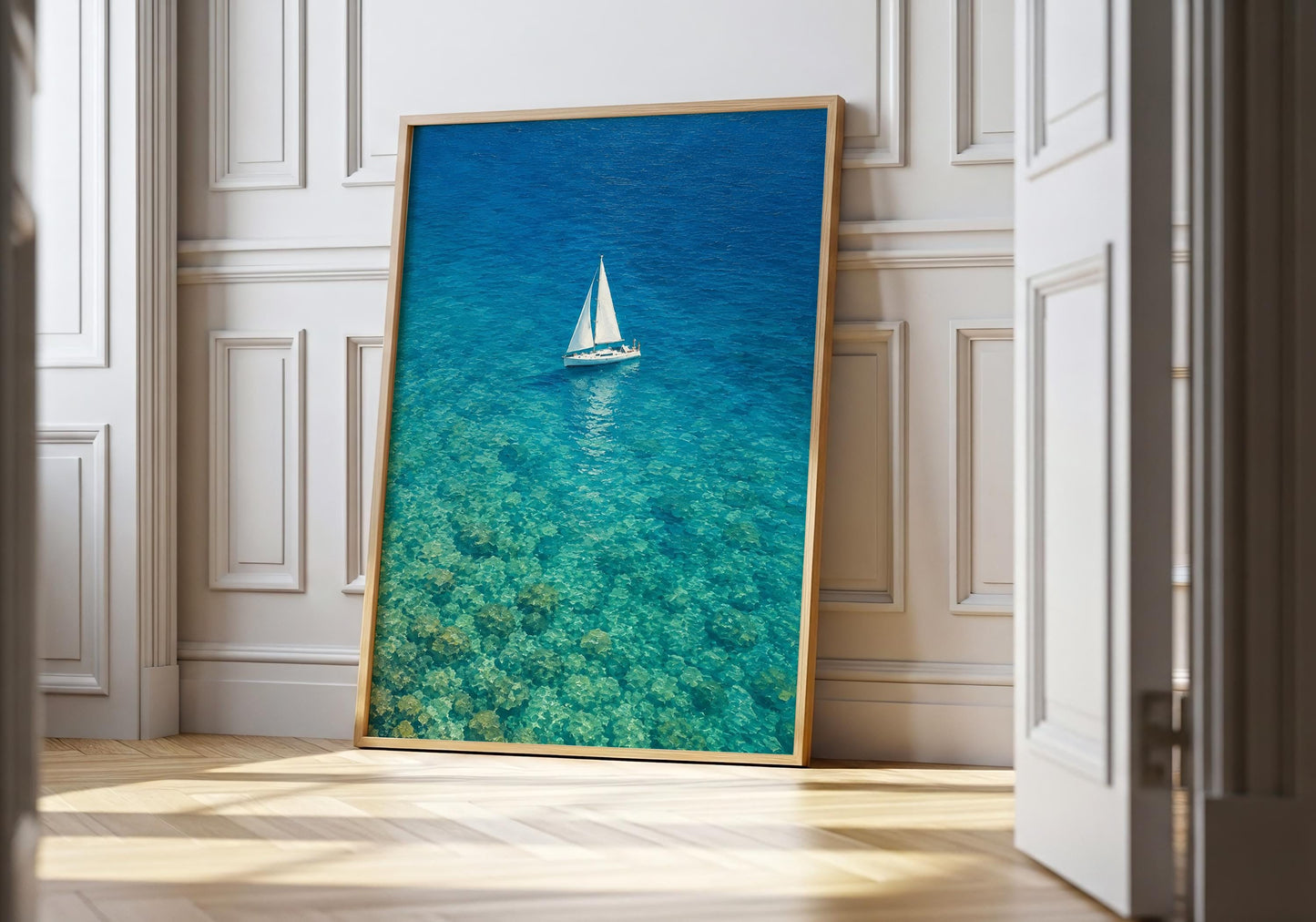 Ocean photography print featuring a white sailboat on vibrant blue sea