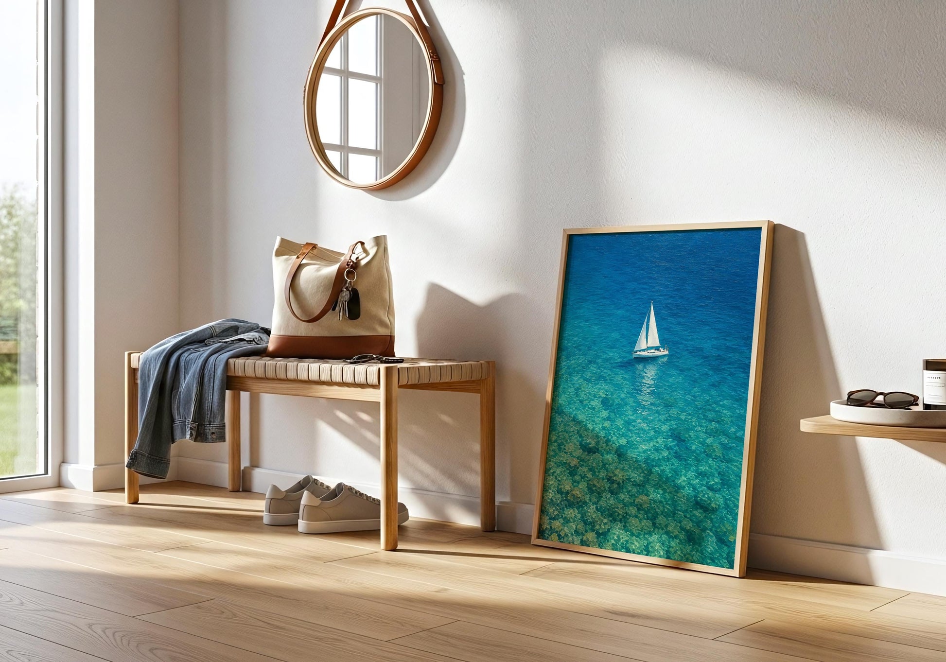Coastal photography artwork with white sailboat and crystal blue water