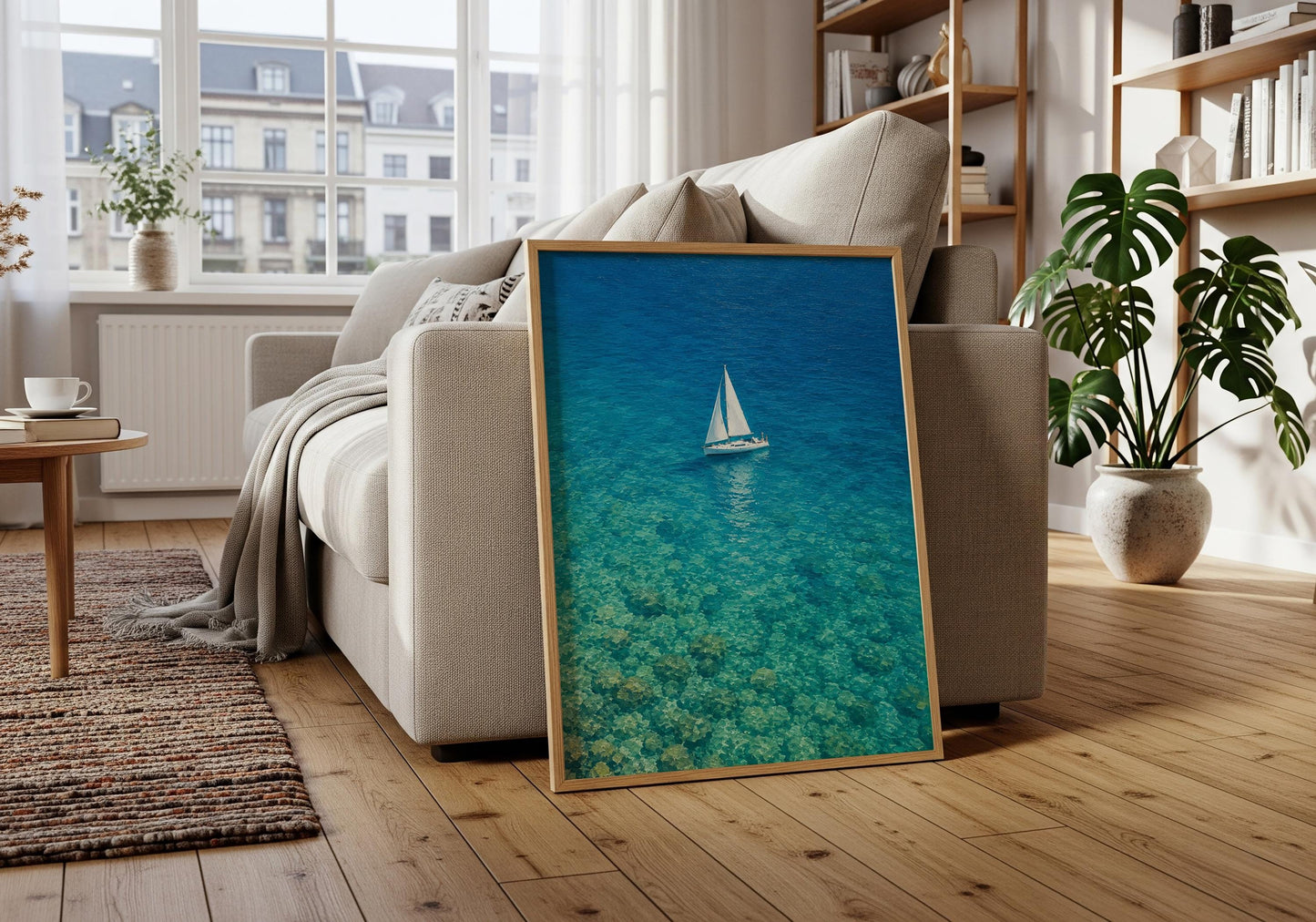 Beach house wall decor featuring a lone sailboat surrounded by aqua ocean.