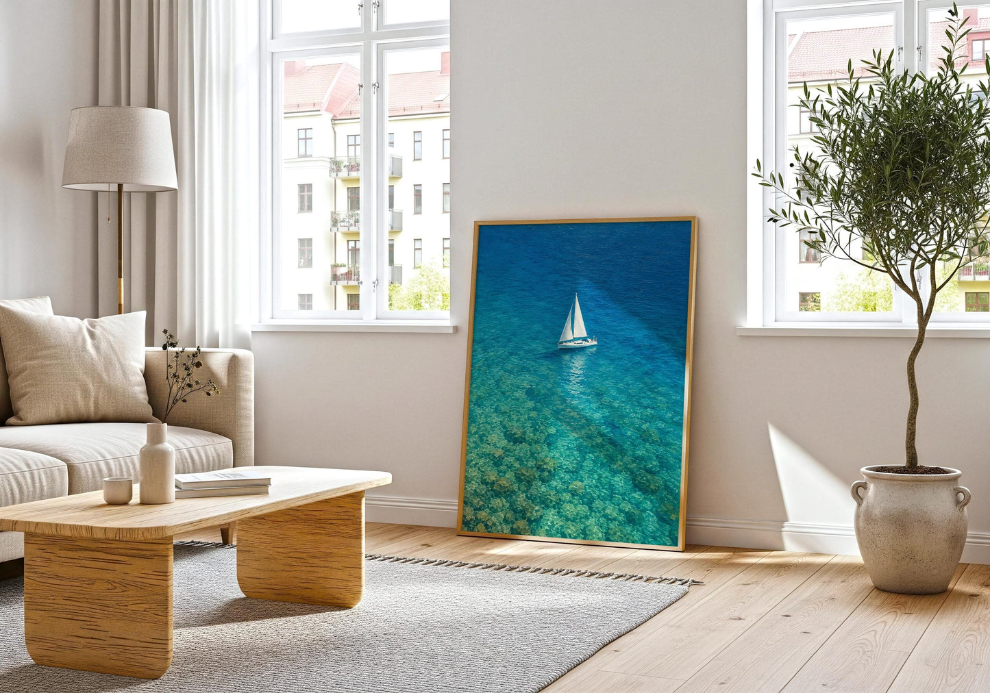 Nautical wall art print showcasing crystal-clear sea and white sailboat.