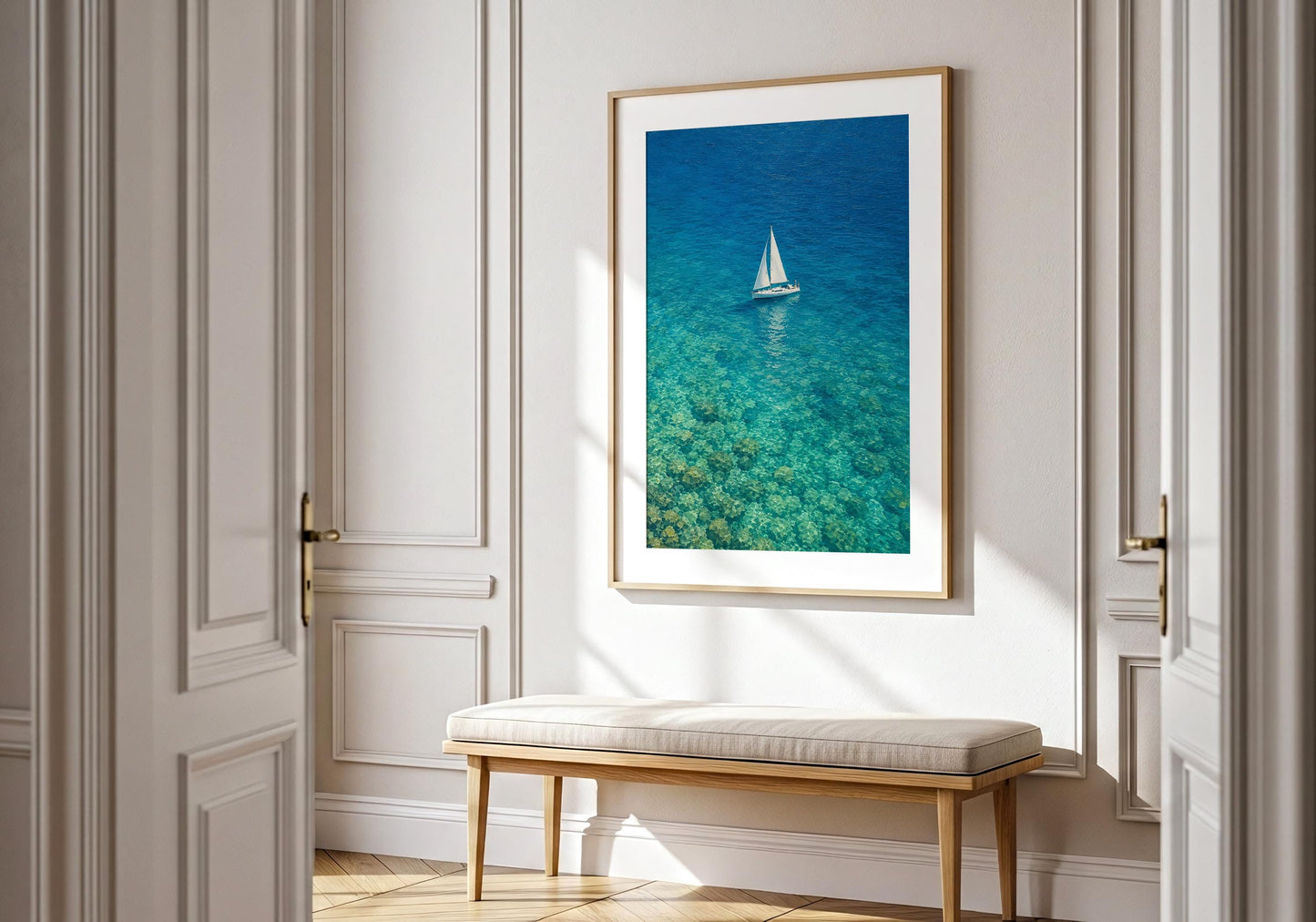 Large coastal wall decor inspired by Mediterranean seaside landscapes.