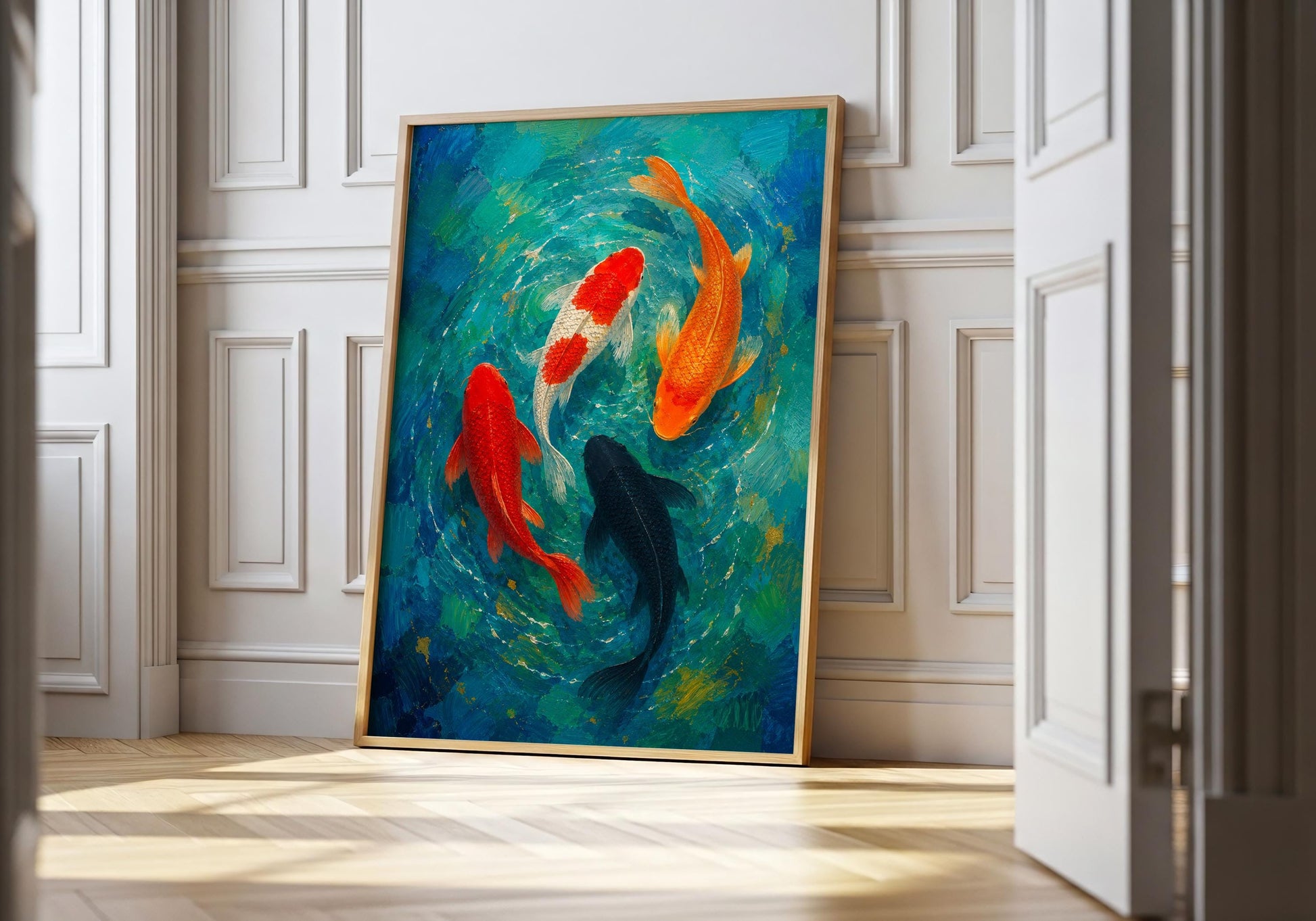 Japanese inspired koi fish print with vibrant orange, red, white and black fish.