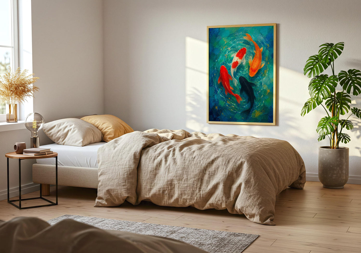 Contemporary koi pond artwork with rich colours and textured brushstrokes.