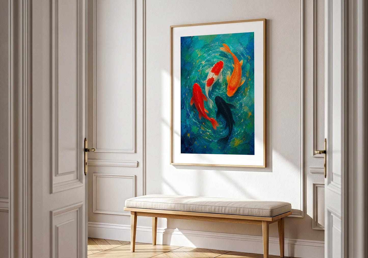 Modern koi fish painting print with vibrant turquoise and blue tones.