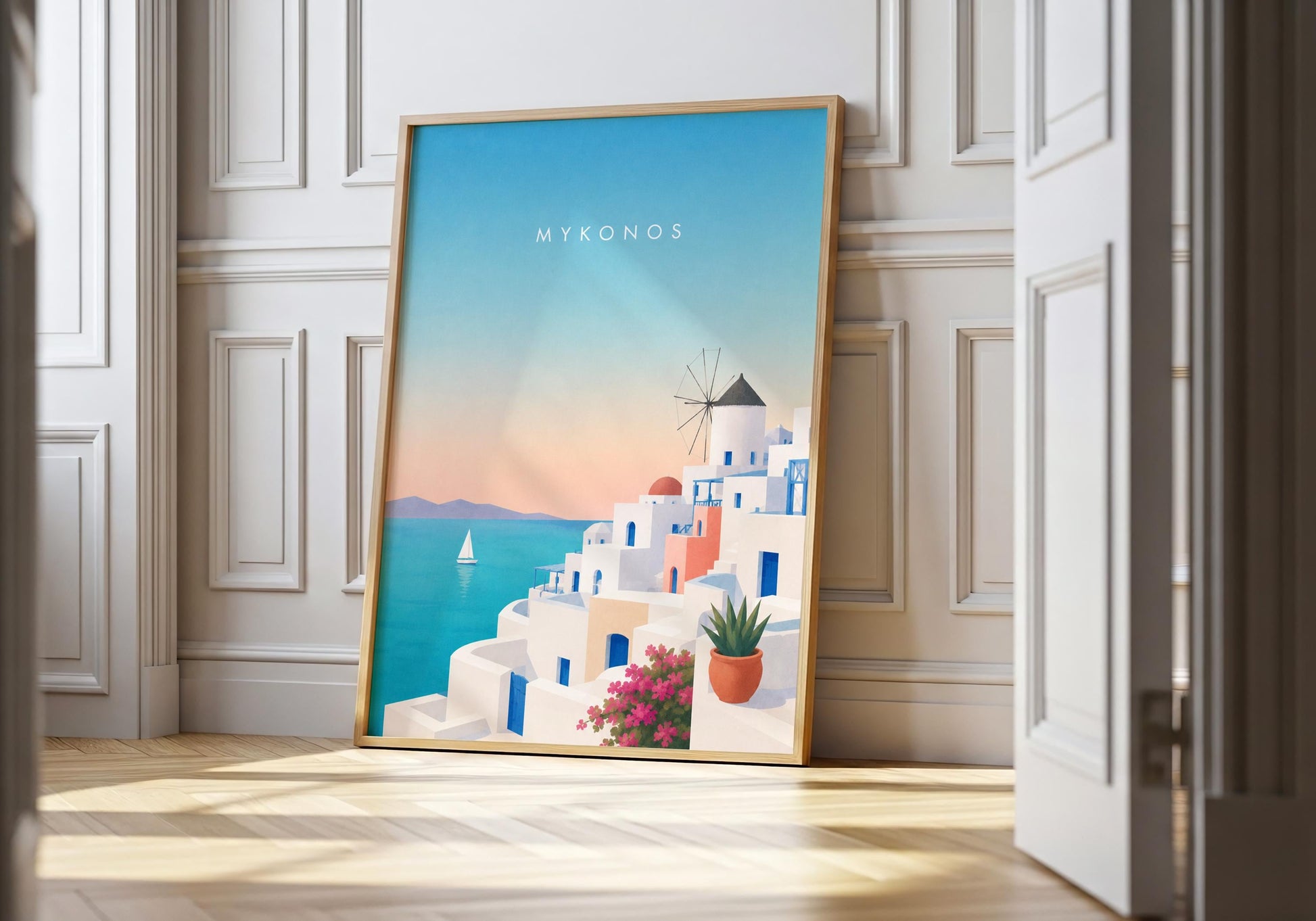 Greek island wall art with traditional windmill and coastal architecture.