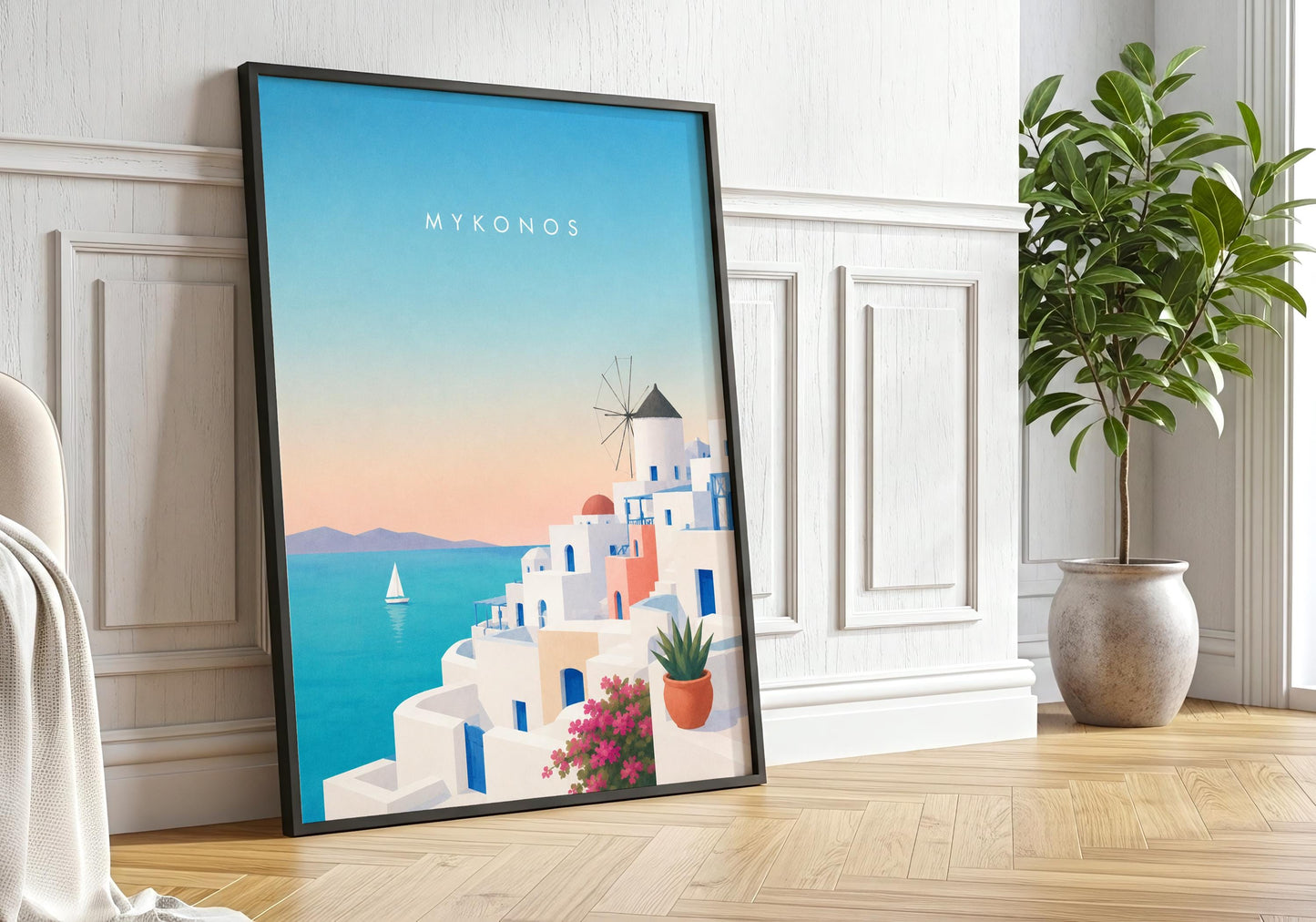 Mediterranean travel print showing iconic Mykonos seaside village at sunset.