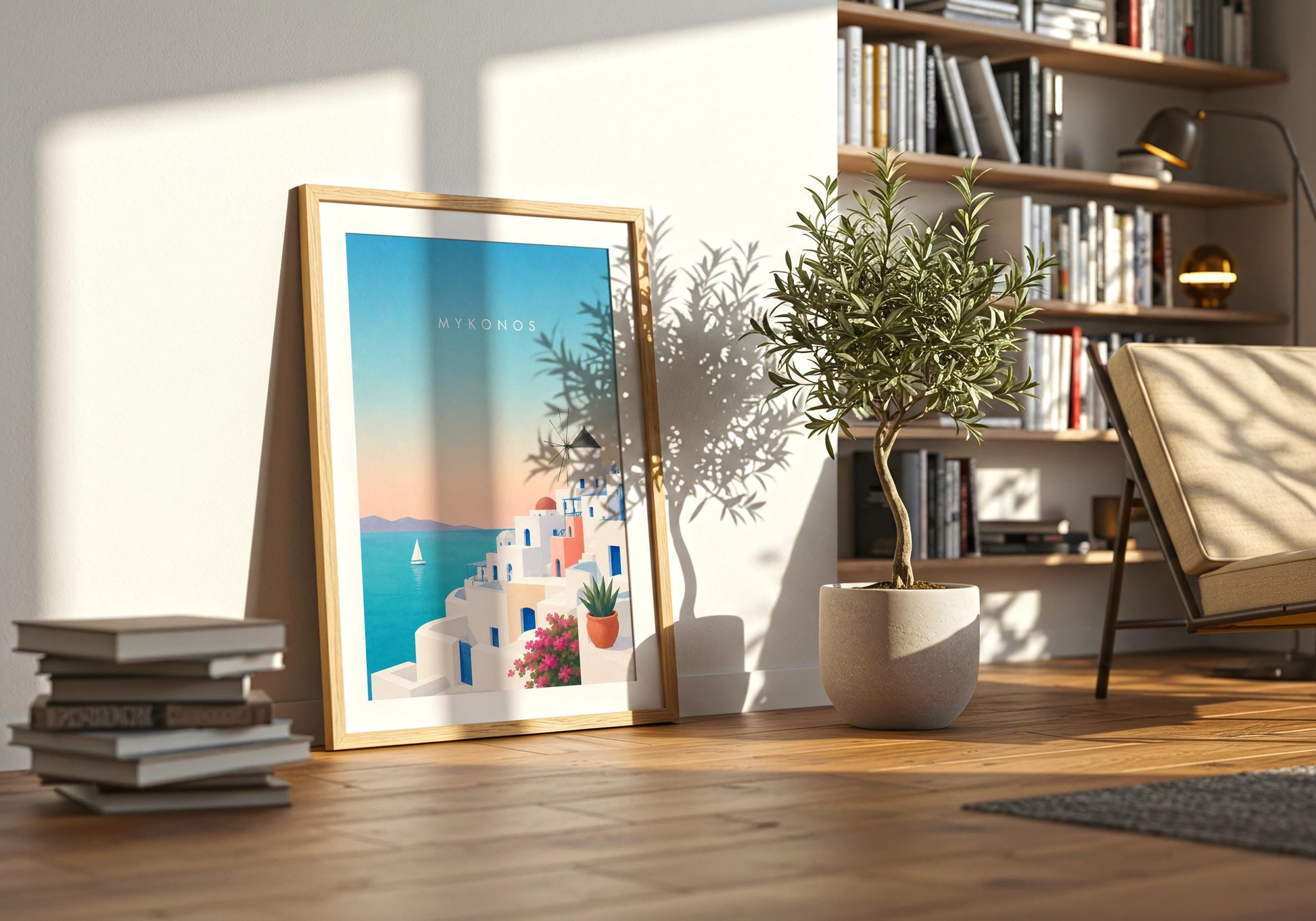 Greece wall art showcasing classic Cycladic architecture and ocean views.