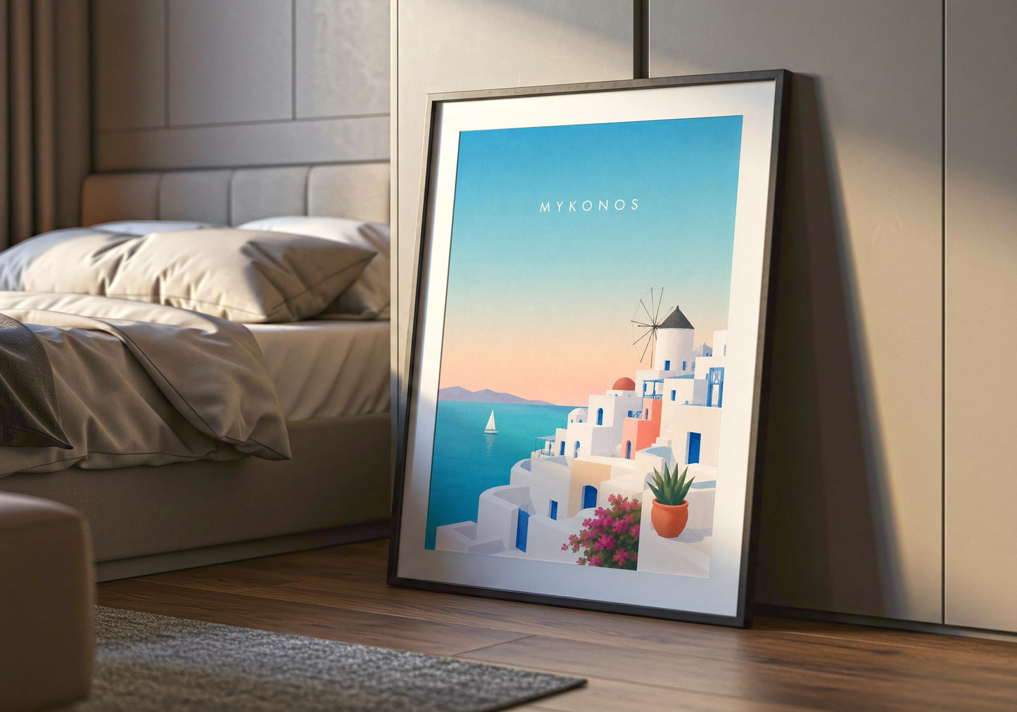 Modern travel poster featuring white buildings and turquoise sea in Mykonos.