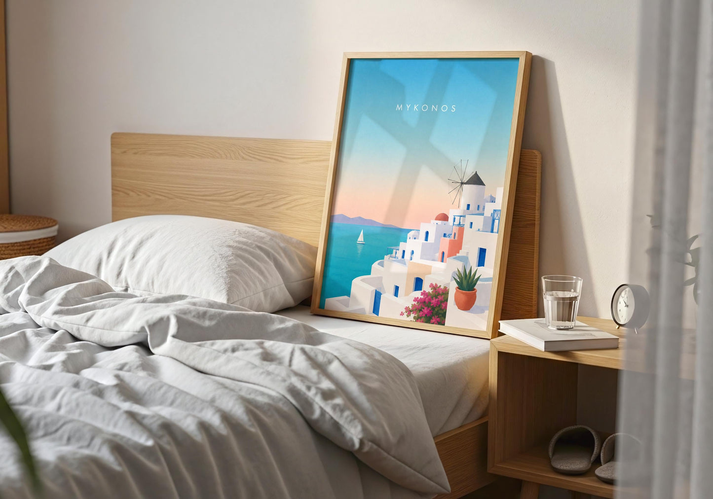 Minimalist destination poster inspired by Mykonos, Greece.