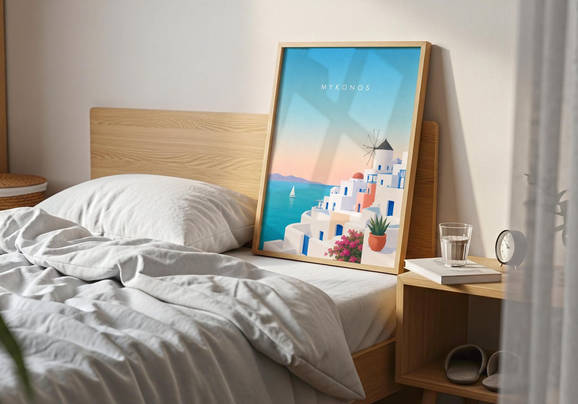Minimalist destination poster inspired by Mykonos, Greece.