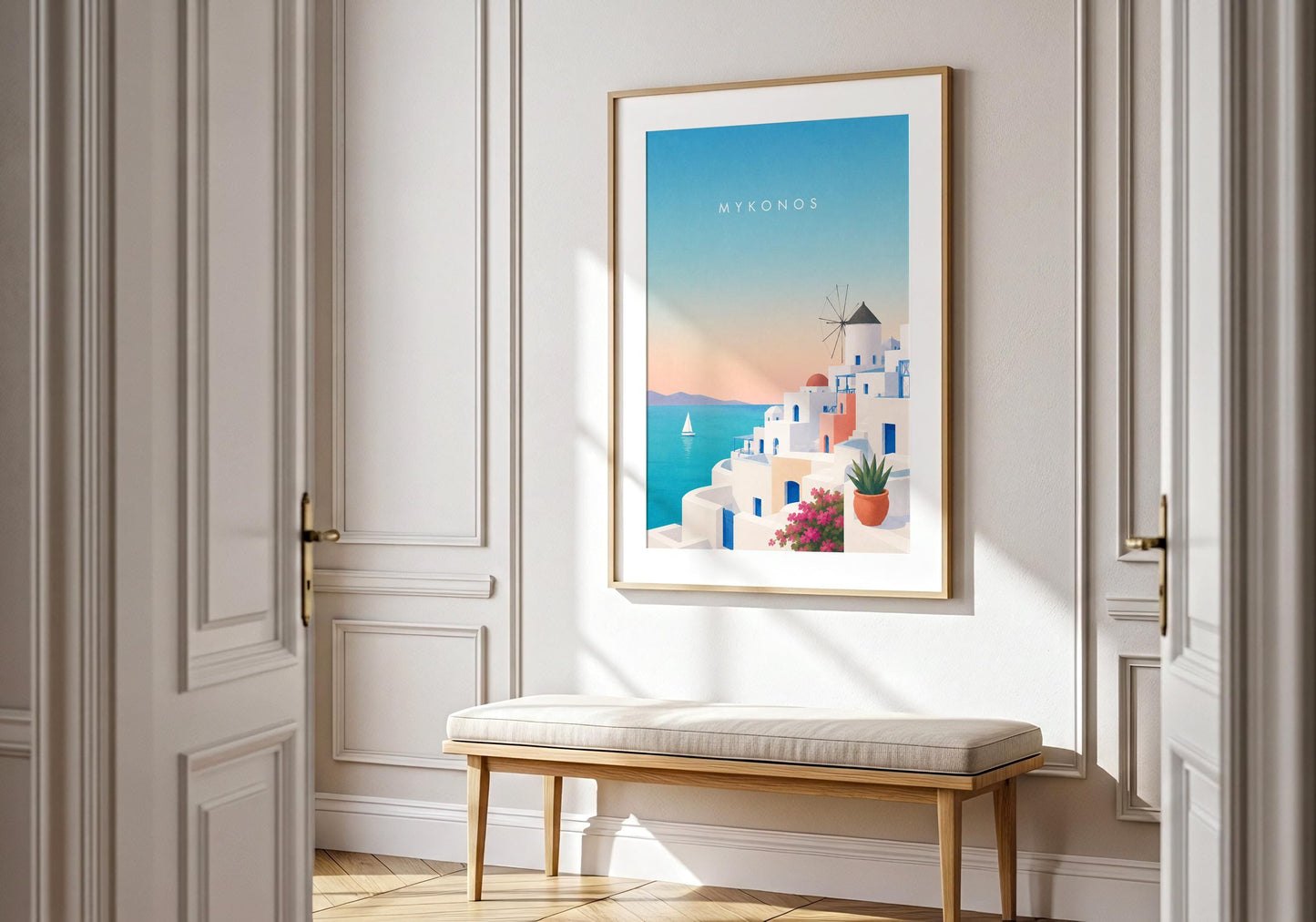Travel artwork capturing the charm of a Greek island sunset.