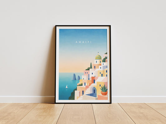 Amalfi Coast travel poster featuring colourful hillside buildings overlooking the Mediterranean Sea.