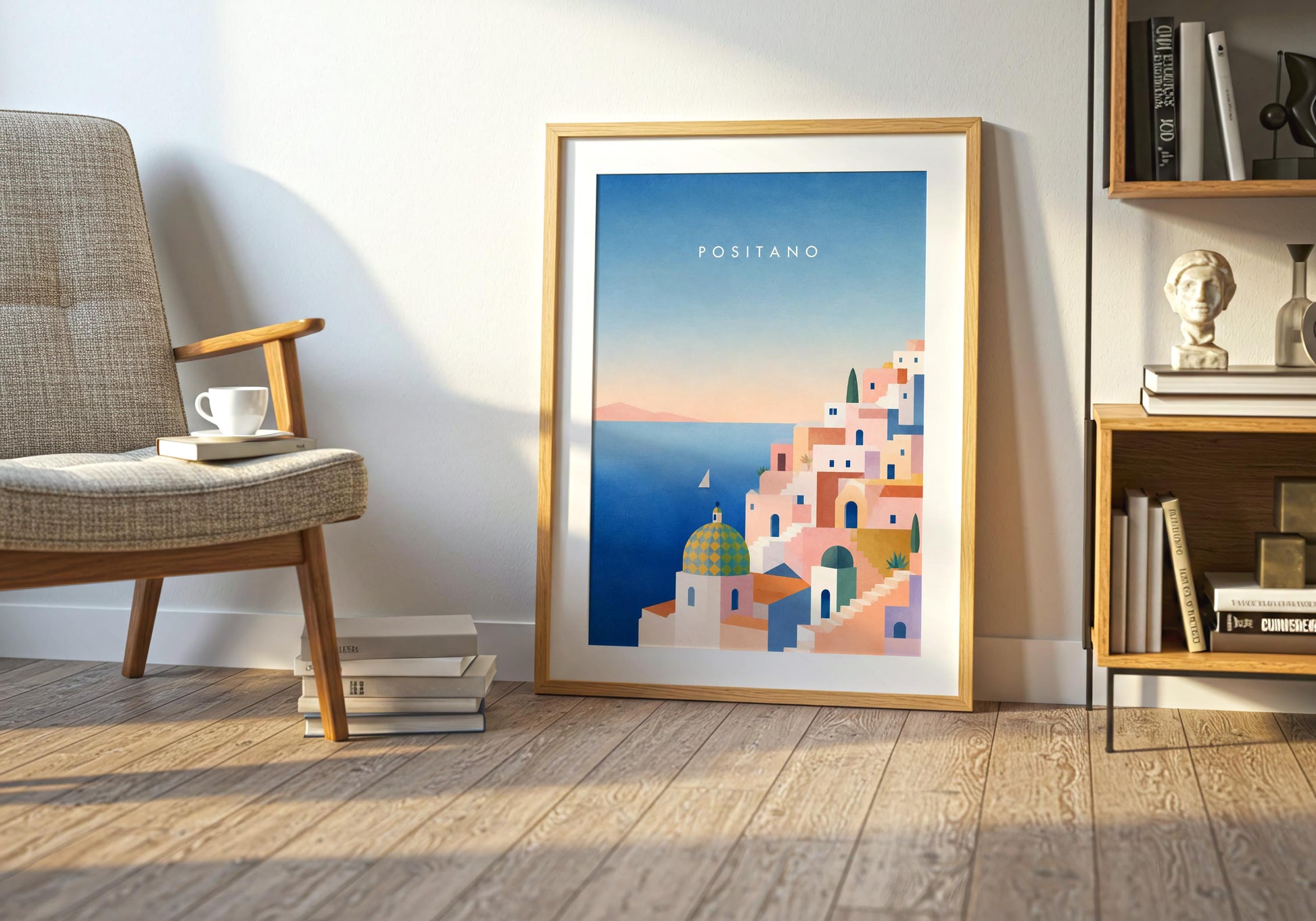 Mediterranean travel print with pastel architecture and deep blue coastal waters.