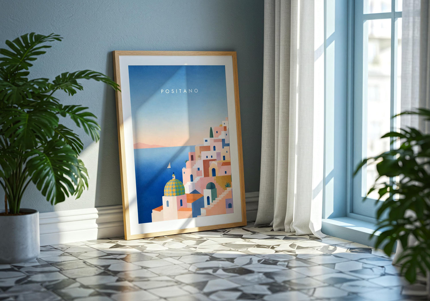 Contemporary destination poster inspired by the Amalfi Coast.