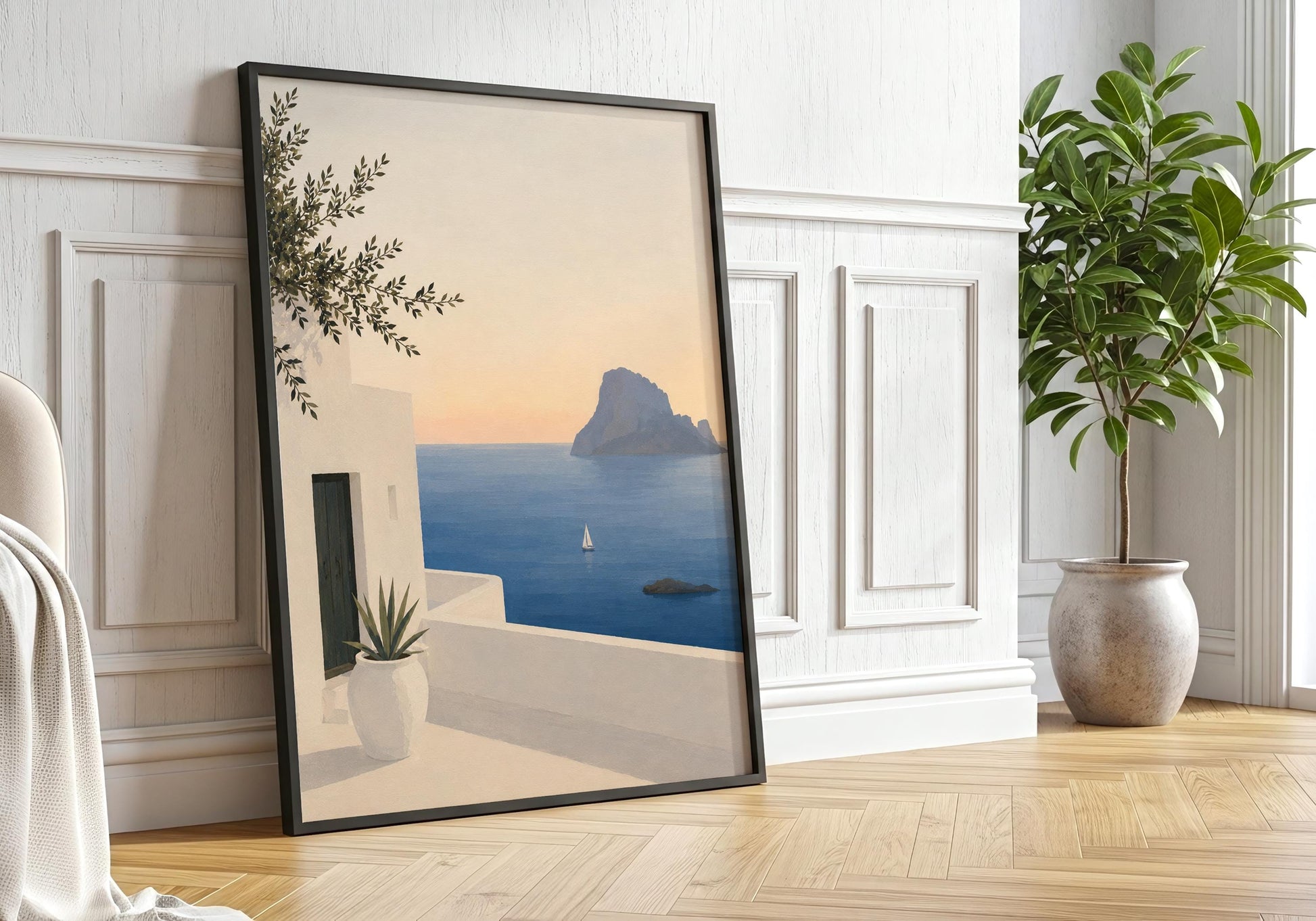 Neutral coastal wall art showcasing an elegant Ibiza seaside view with warm sunset tones.