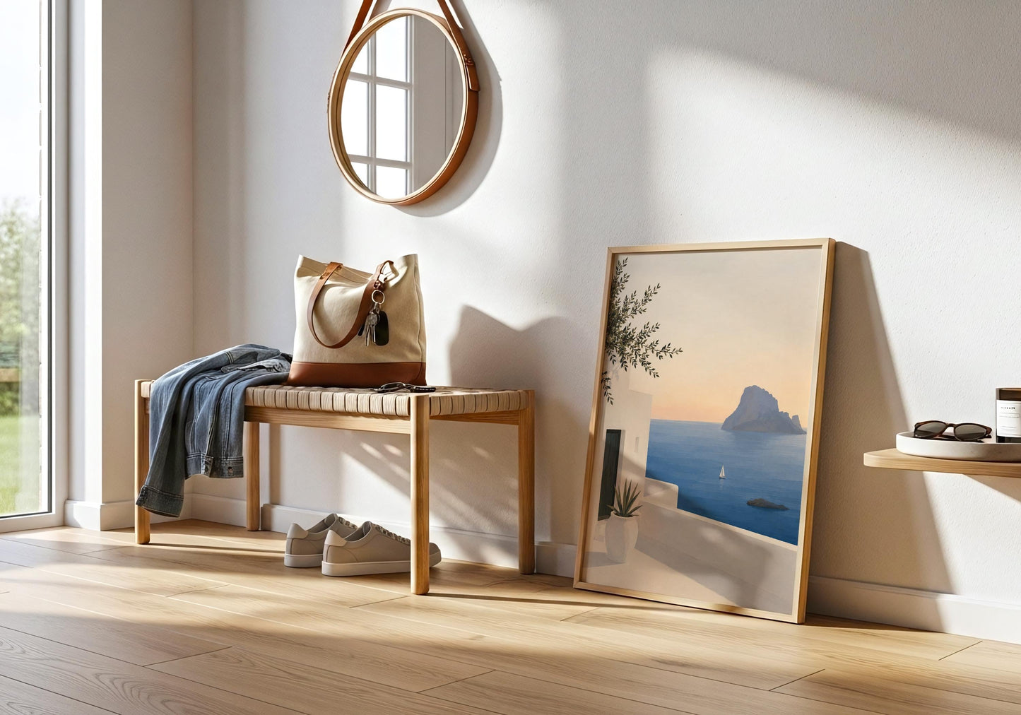 Mediterranean landscape print with deep blue sea, sailing boat and tranquil island scenery.