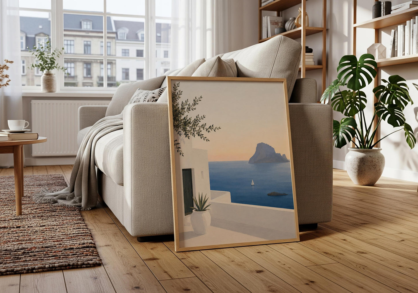 Modern Ibiza wall art print perfect for coastal, Scandinavian and minimalist home décor.