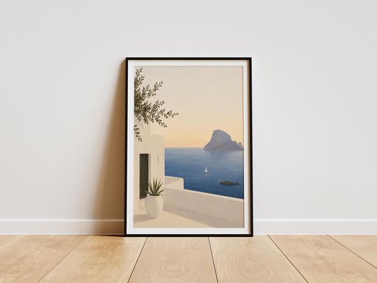 Ibiza print featuring white Mediterranean architecture overlooking the blue sea at sunset.