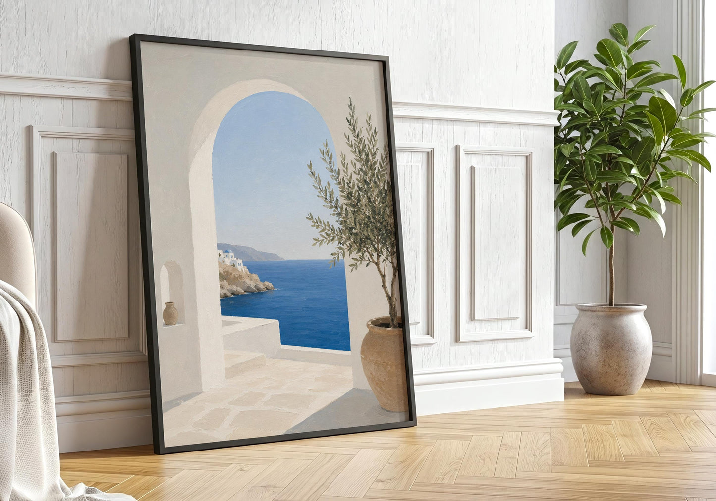 Coastal landscape artwork inspired by Mediterranean architecture and seaside living.