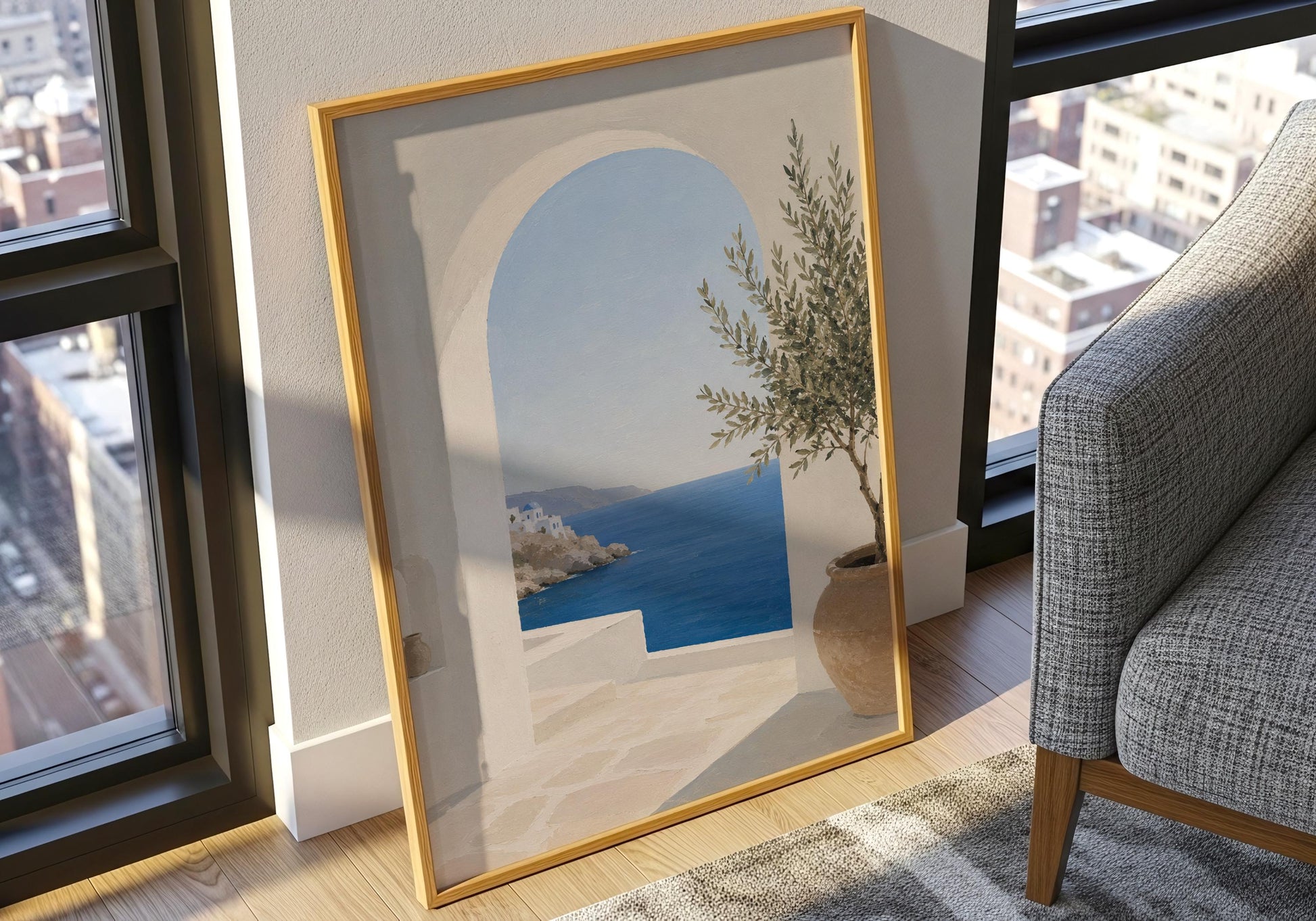 Neutral wall art with blue ocean views perfect for modern coastal home décor.