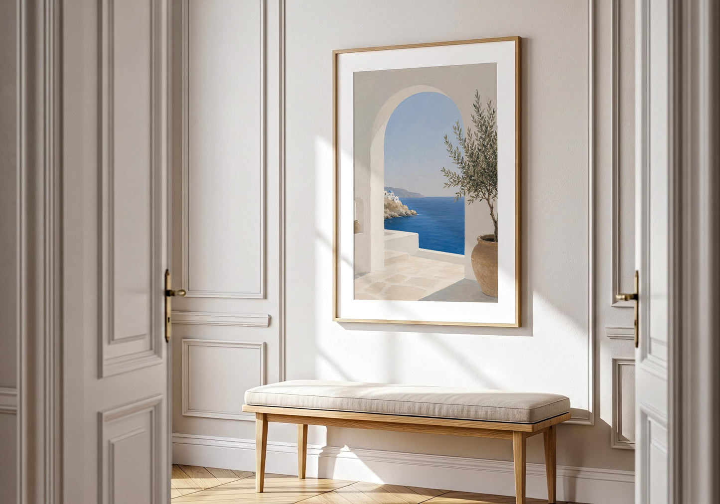 Beach house wall décor showcasing a sunlit Greek island-inspired landscape.